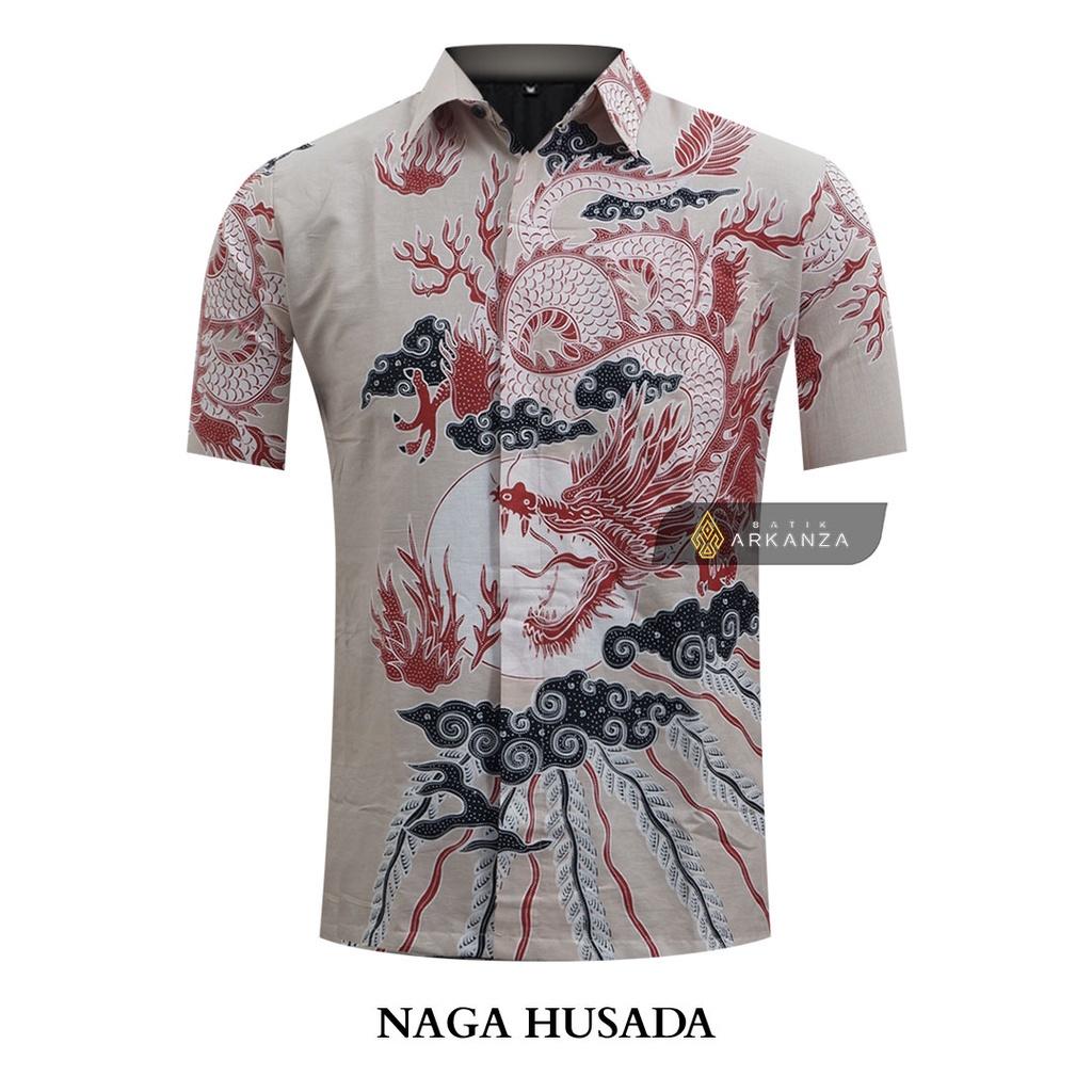 ARKANZA Kemeja Batik Pria Slimfit Motif Naga Husada Lengan Panjang Pendek