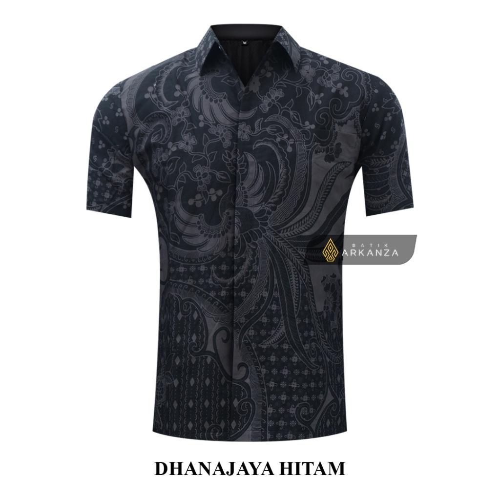 ARKANZA Kemeja Batik Pria Slimfit Motif Dhanajaya Hitam Lengan Panjang Pendek