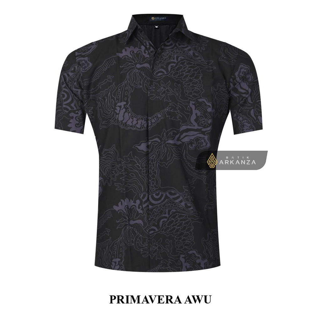 ARKANZA Kemeja Batik Pria Slimfit Motif Primavera Awu Lengan Panjang Pendek