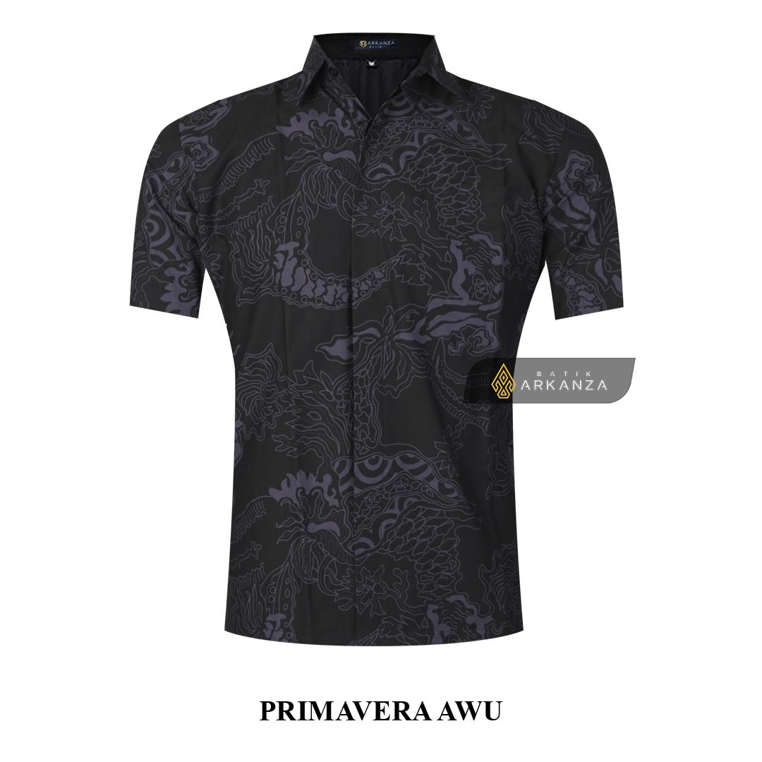 ARKANZA Kemeja Batik Pria Slimfit Motif Primavera Awu Lengan Panjang Pendek