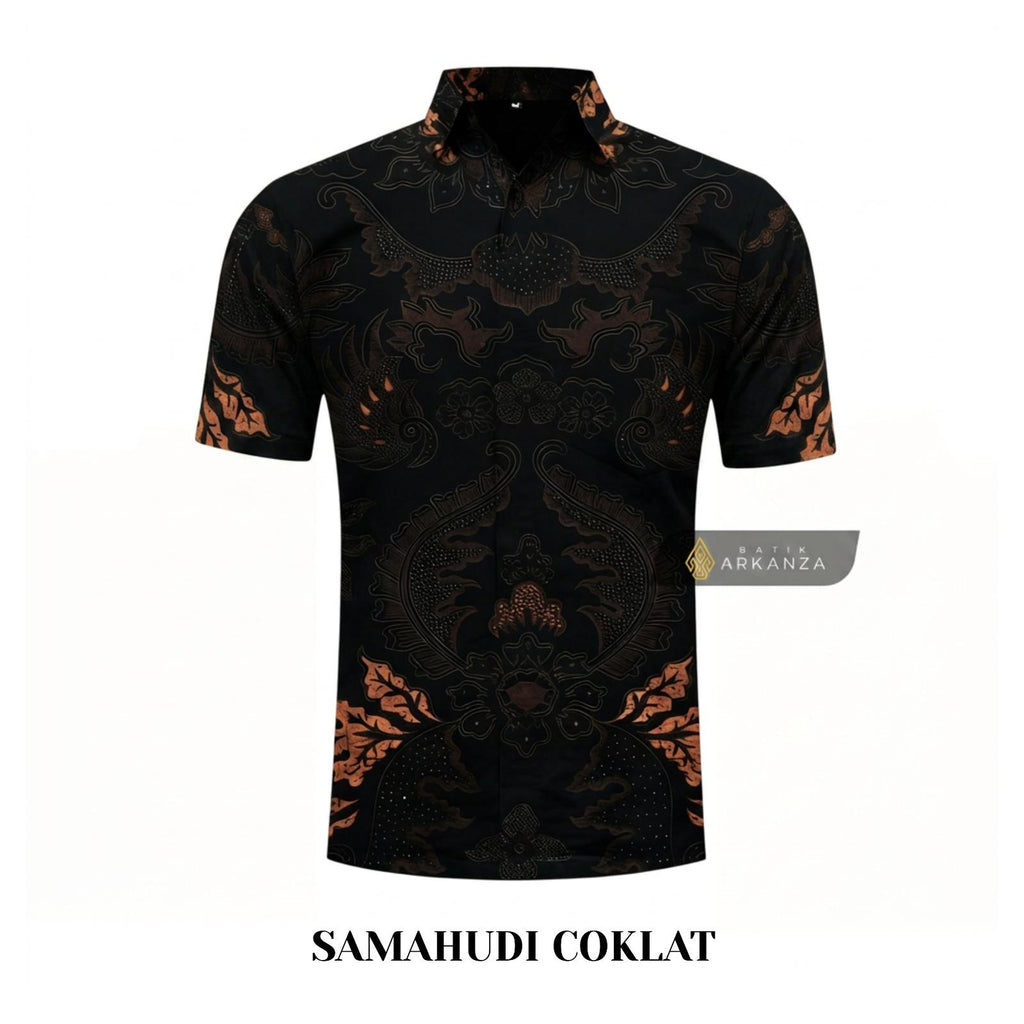 ARKANZA Kemeja Batik Pria Slimfit Motif Samanhudi Coklat Lengan Panjang Pendek