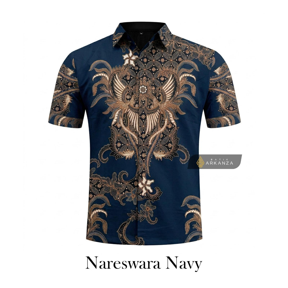 ARKANZA Kemeja Batik Pria Slimfit Motif  Nareswara Navy Lengan Panjang Pendek