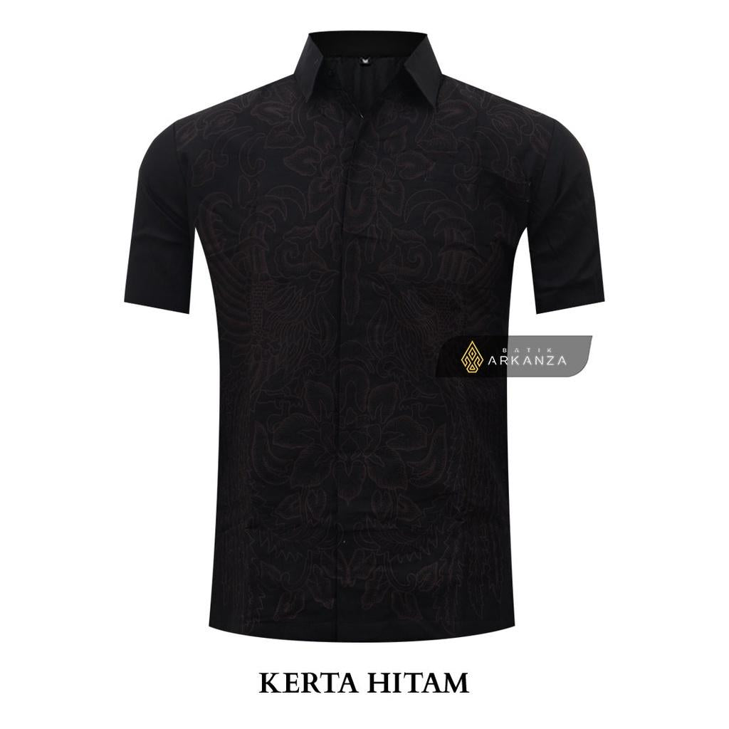 ARKANZA Kemeja Batik Pria Slimfit Motif Kerta Hitam Lengan Panjang Pendek