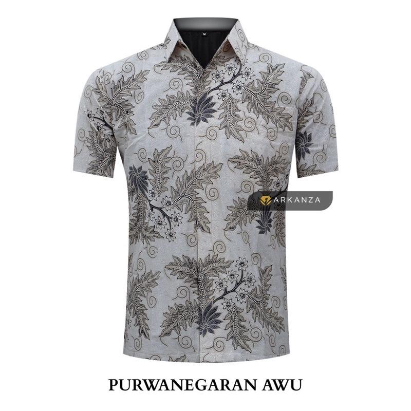 ARKANZA Kemeja Batik Pria Slimfit Motif Purwanegaran Awu Lengan Panjang Pendek