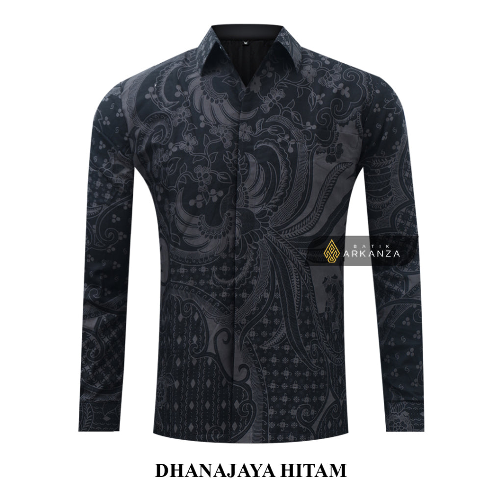ARKANZA Kemeja Batik Pria Slimfit Motif Dhanajaya Hitam Lengan Panjang Pendek
