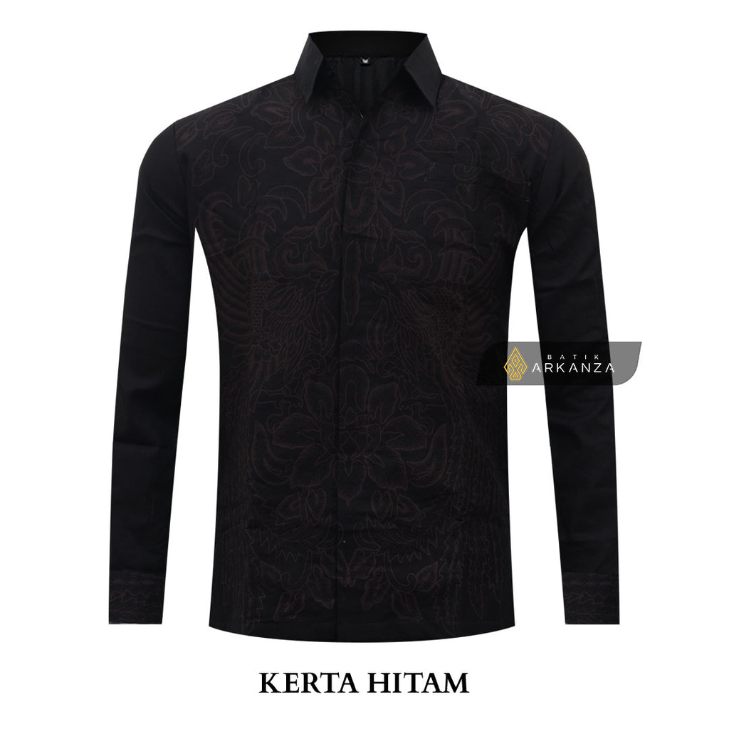 ARKANZA Kemeja Batik Pria Slimfit Motif Kerta Hitam Lengan Panjang Pendek