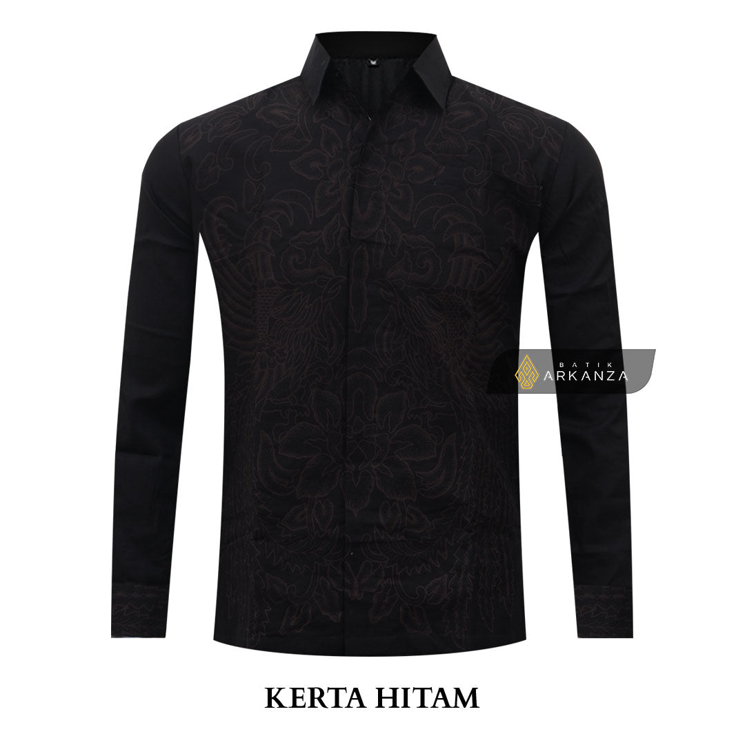 ARKANZA Kemeja Batik Pria Slimfit Motif Kerta Hitam Lengan Panjang Pendek