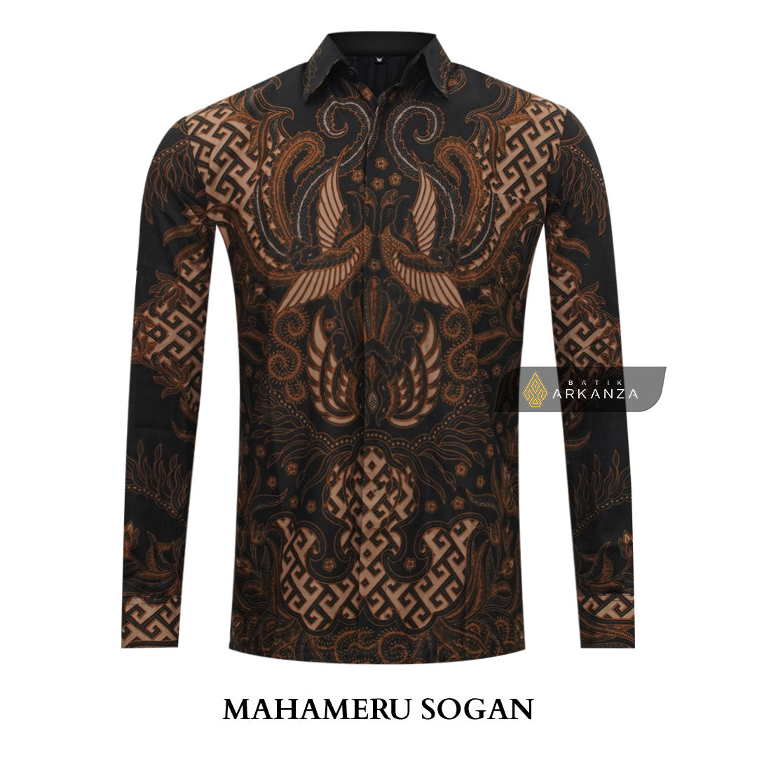 ARKANZA Kemeja Batik Pria Slimfit Motif Mahameru Sogan Lengan Panjang Pendek