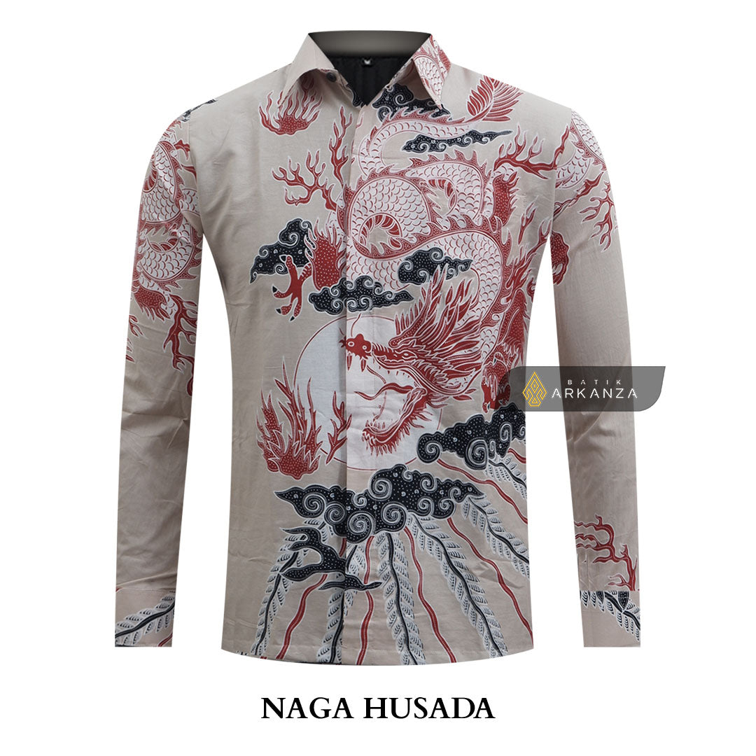 ARKANZA Kemeja Batik Pria Slimfit Motif Naga Husada Lengan Panjang Pendek
