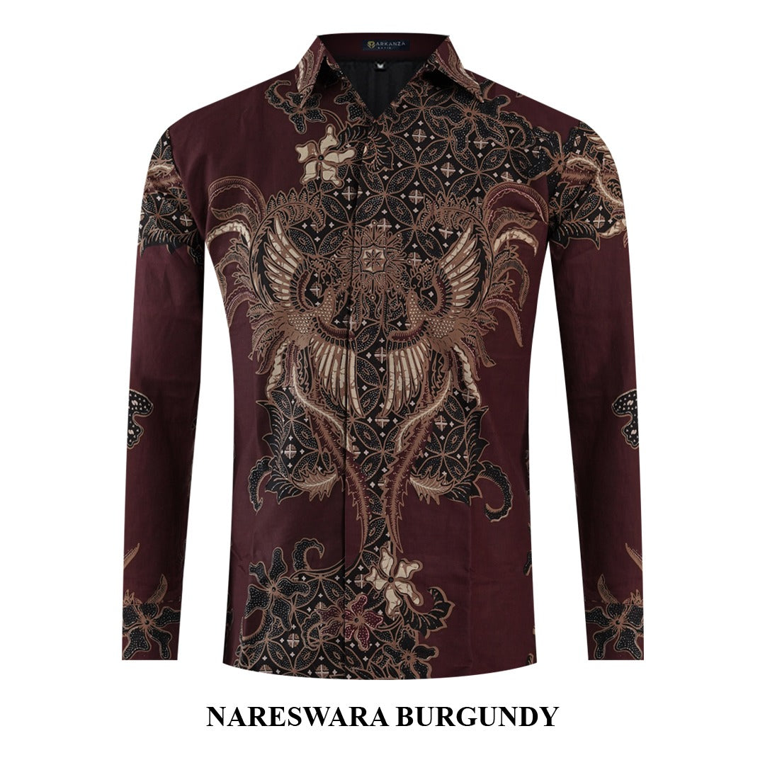 ARKANZA Kemeja Batik Pria Slimfit Motif Nareswara Burgundy Lengan Panjang Pendek