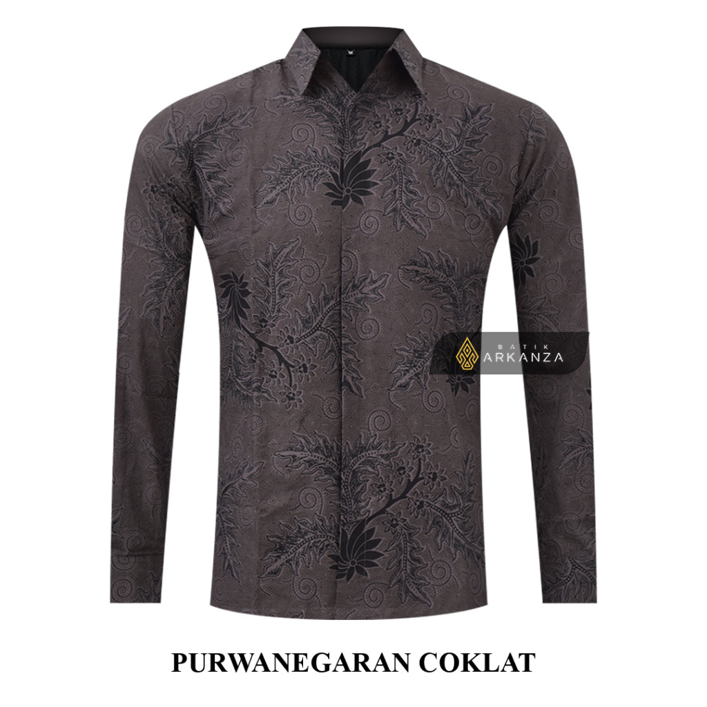 ARKANZA Kemeja Batik Pria Slimfit Motif Purwanegaran Coklat Lengan Panjang Pendek