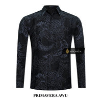 ARKANZA Kemeja Batik Pria Slimfit Motif Primavera Awu Lengan Panjang Pendek