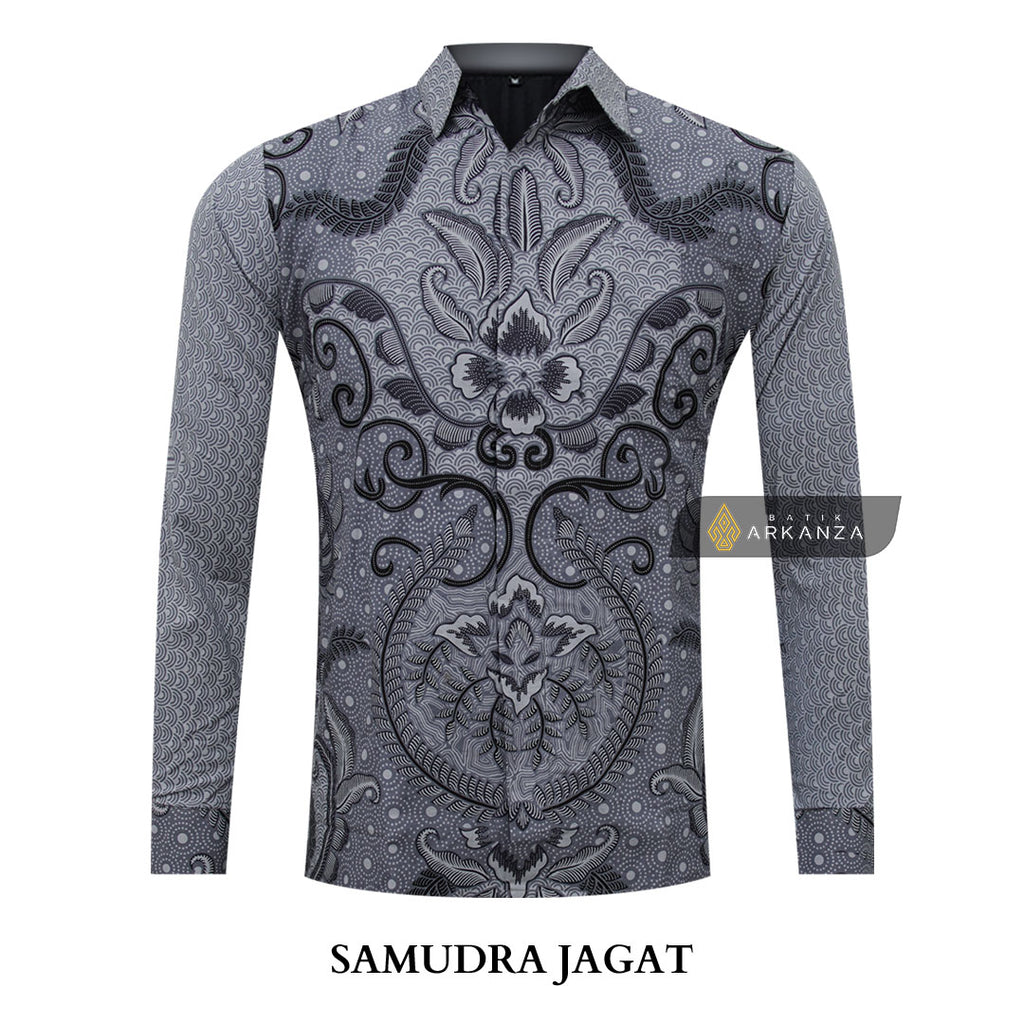 ARKANZA Kemeja Batik Pria Slimfit Motif Samudra Jagat Lengan Panjang Pendek