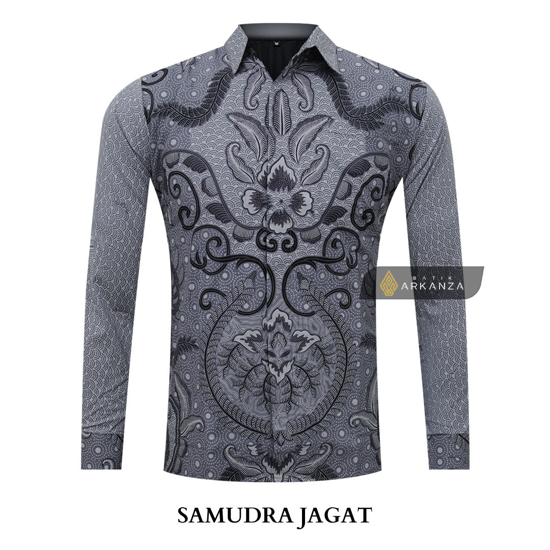 ARKANZA Kemeja Batik Pria Slimfit Motif Samudra Jagat Lengan Panjang Pendek