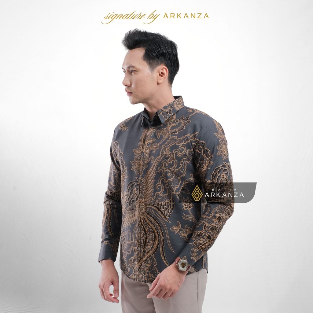 Arkanza Signature Motif Sangkala Kemeja Batik Pria Lengan Panjang Eksklusif Curved Hem Jahitan Presisi Hidden & Emboss Button Lapisan Tricot Breathable