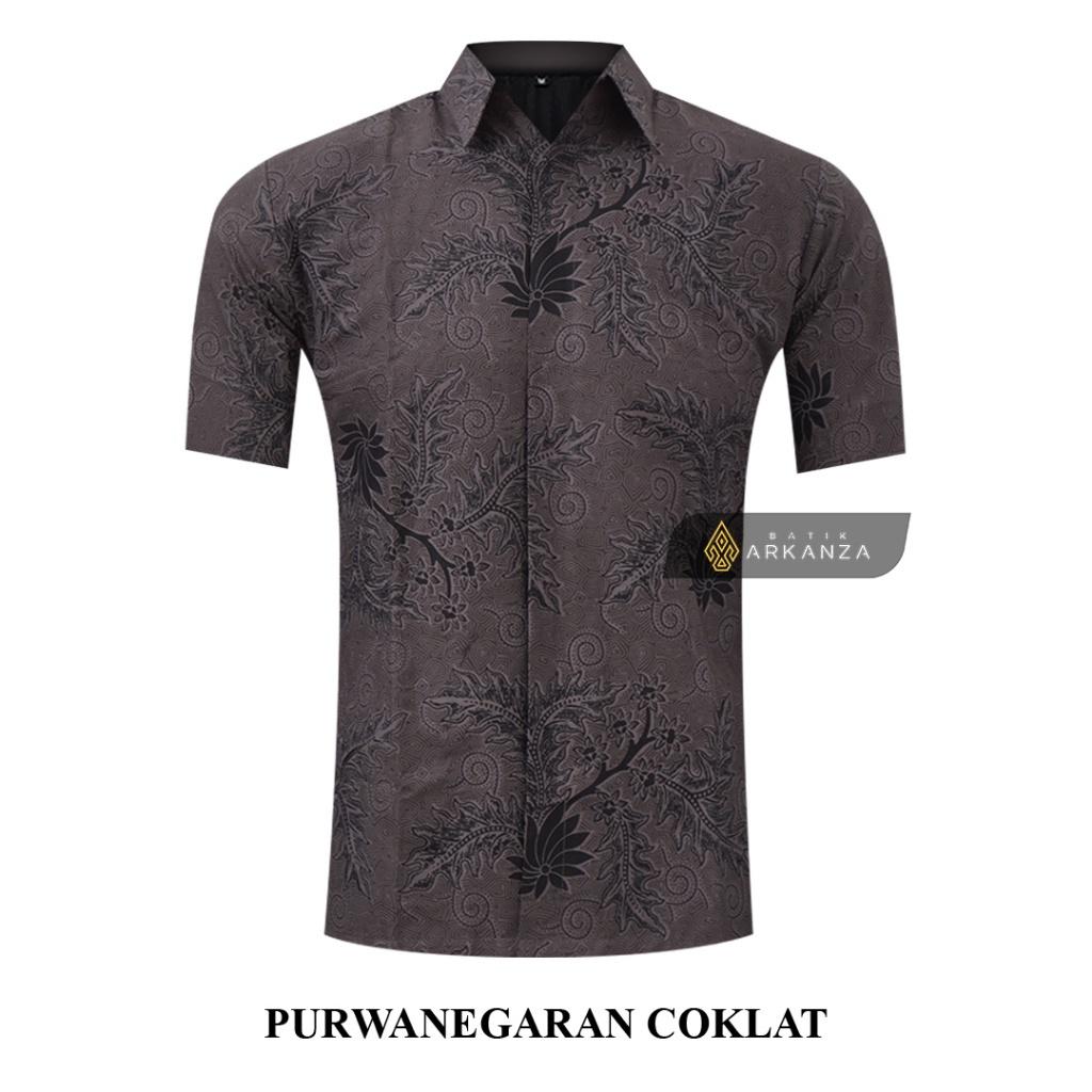 ARKANZA Kemeja Batik Pria Slimfit Motif Purwanegaran Coklat Lengan Panjang Pendek