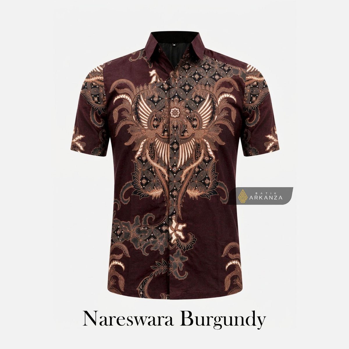 ARKANZA Kemeja Batik Pria Slimfit Motif Nareswara Burgundy Lengan Panjang Pendek