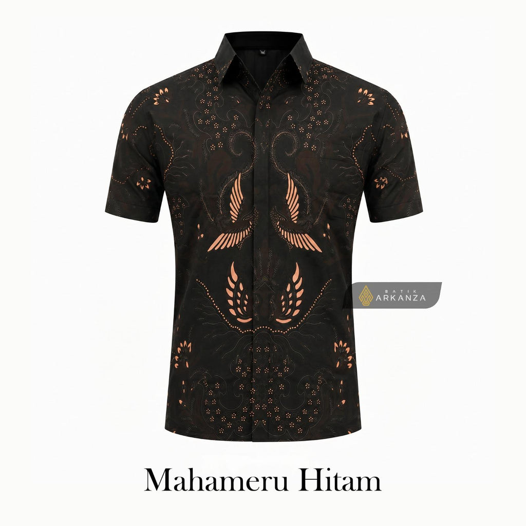 ARKANZA Kemeja Batik Pria Slimfit Motif Mahameru Hitam Lengan Panjang