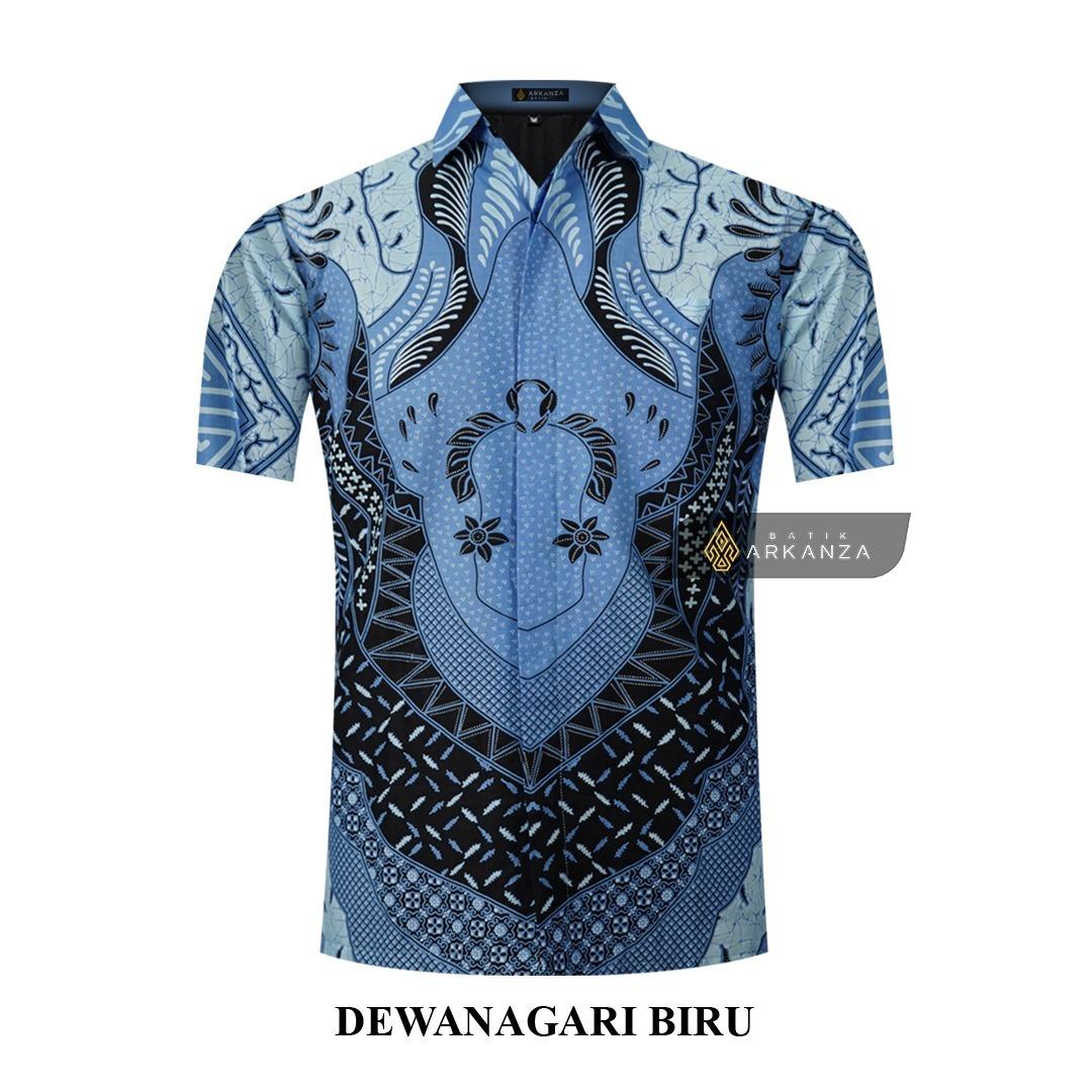 ARKANZA Kemeja Batik Pria Slimfit Motif Dewanagari Biru Lengan Panjang Pendek