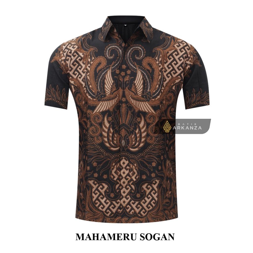 ARKANZA Kemeja Batik Pria Slimfit Motif Mahameru Sogan Lengan Panjang Pendek