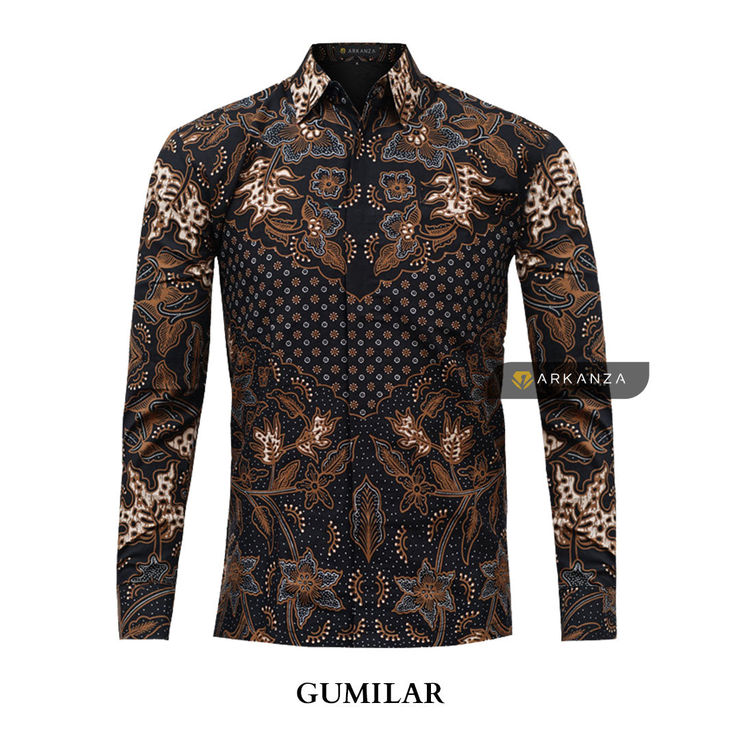 ARKANZA Kemeja Batik Pria Slimfit Motif Gumilar Lengan Panjang Pendek