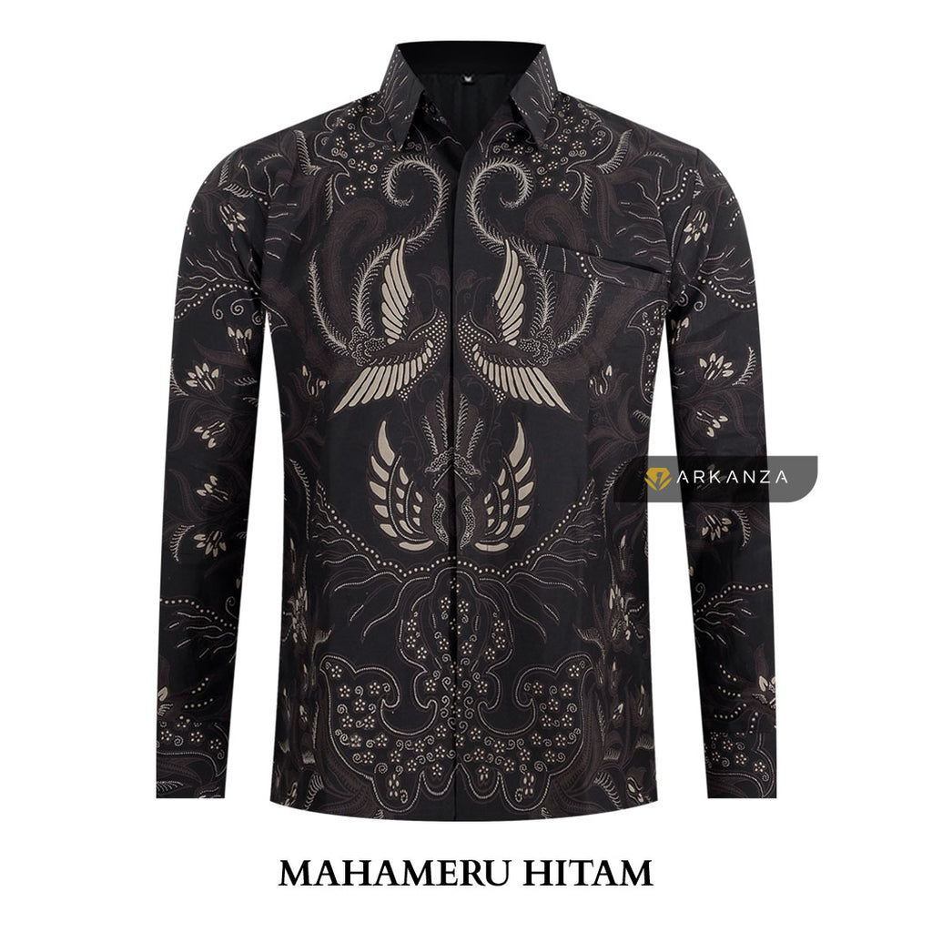 ARKANZA Kemeja Batik Pria Slimfit Motif Mahameru Hitam Lengan Panjang