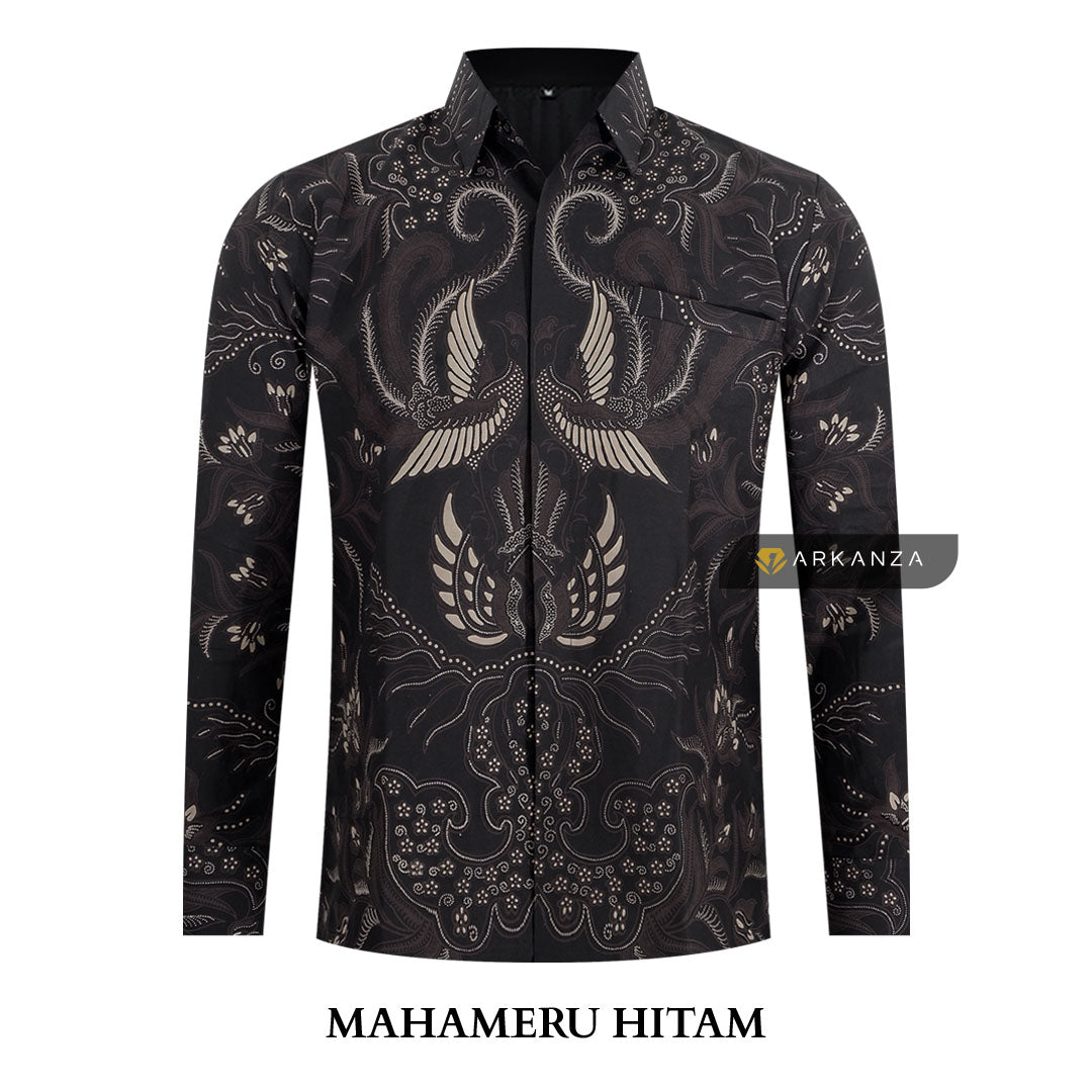 ARKANZA Kemeja Batik Pria Slimfit Motif Mahameru Hitam Lengan Panjang