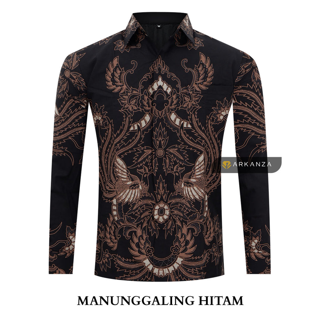 ARKANZA Kemeja Batik Pria Slimfit Motif Manunggaling Hitam Lengan Panjang Pendek