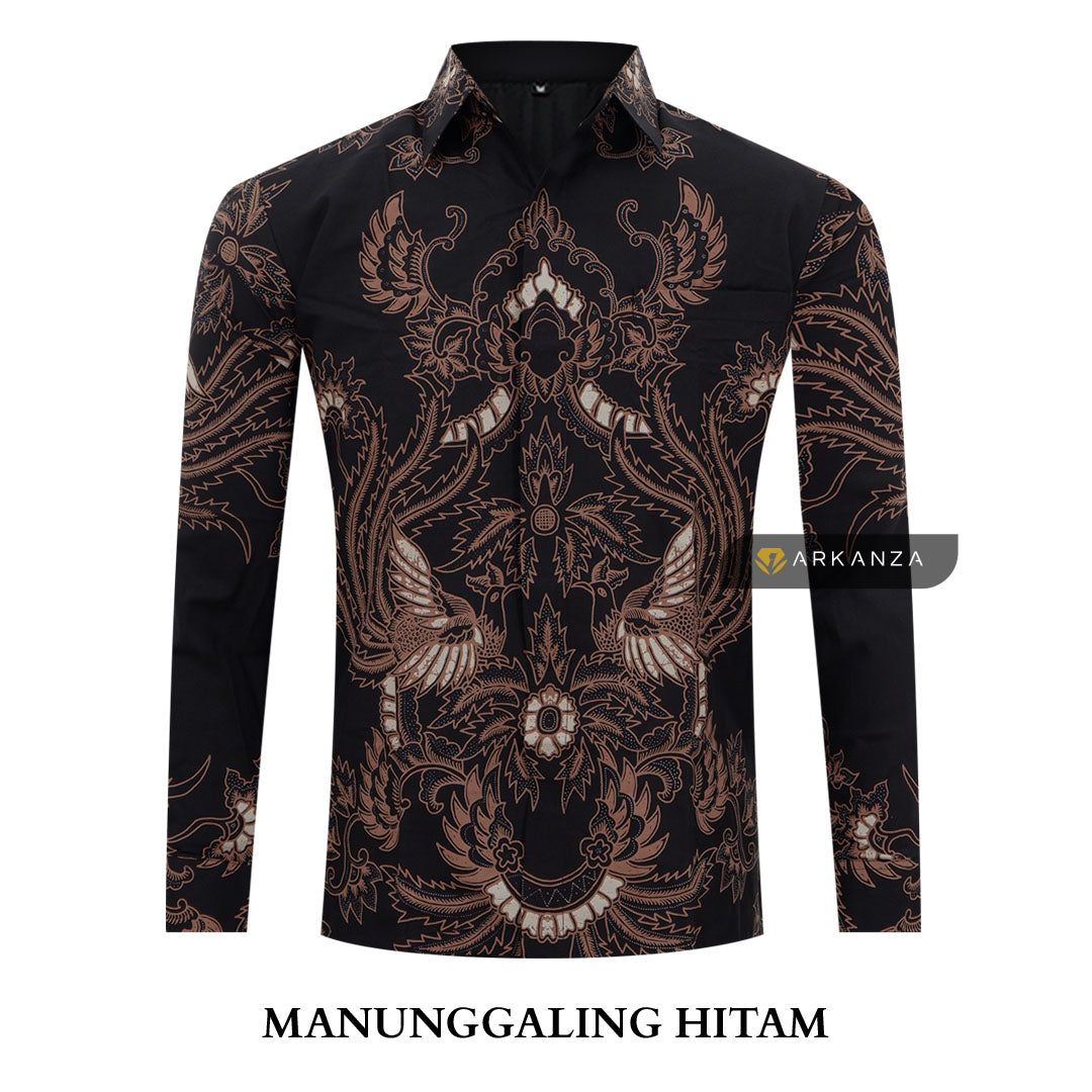 ARKANZA Kemeja Batik Pria Slimfit Motif Manunggaling Hitam Lengan Panjang Pendek