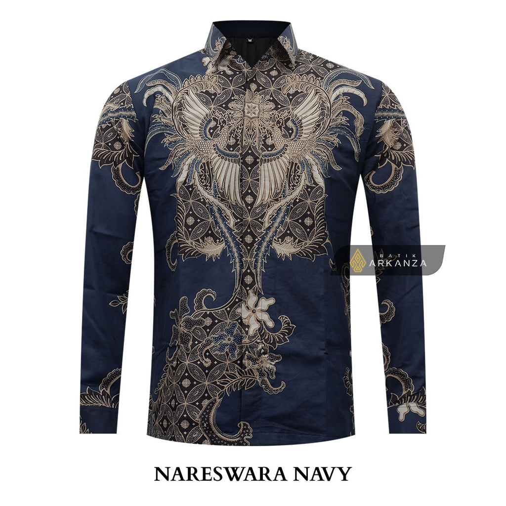 ARKANZA Kemeja Batik Pria Slimfit Motif Nareswara Navy Lengan Panjang Pendek