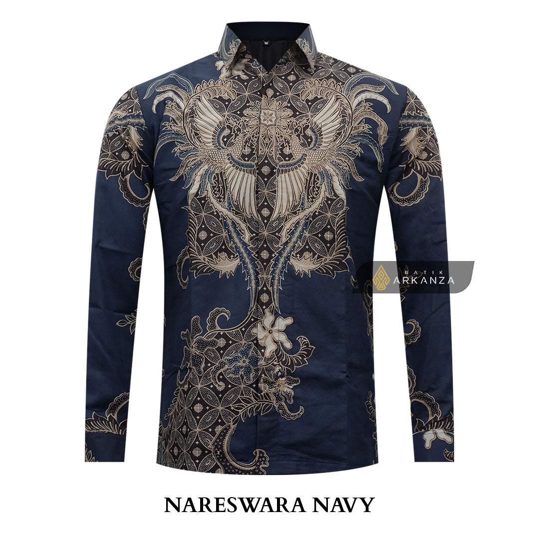 ARKANZA Kemeja Batik Pria Slimfit Motif  Nareswara Navy Lengan Panjang Pendek