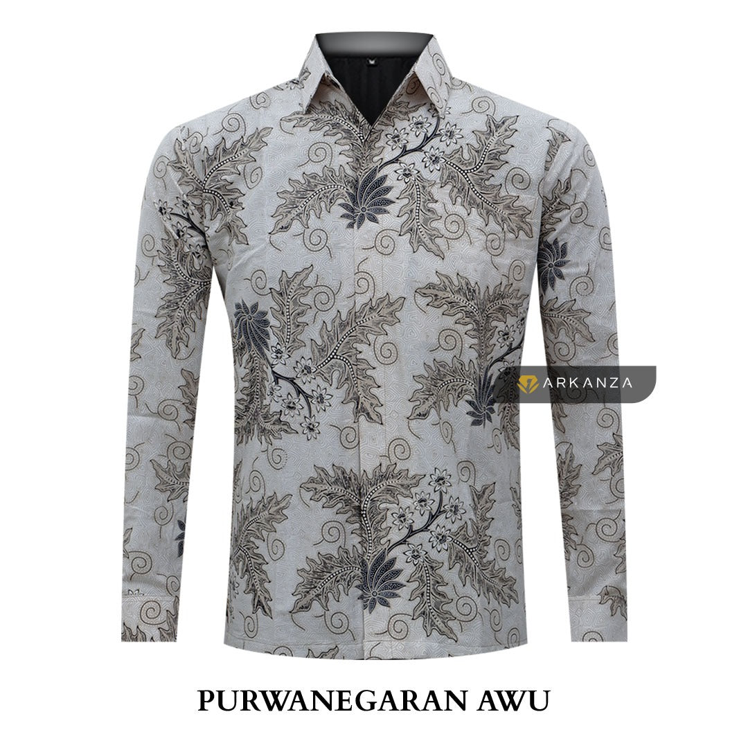 ARKANZA Kemeja Batik Pria Slimfit Motif Purwanegaran Awu Lengan Panjang Pendek