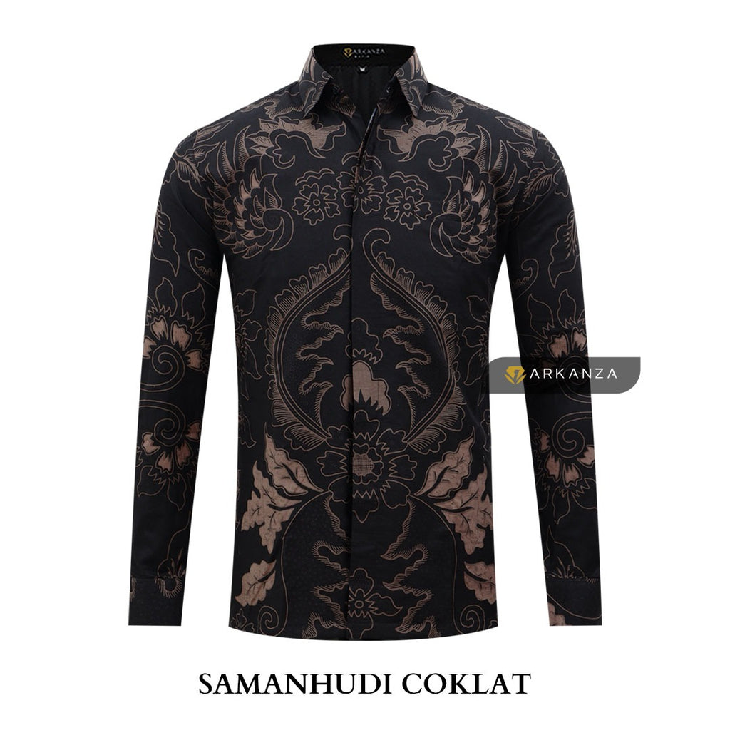 ARKANZA Kemeja Batik Pria Slimfit Motif Samanhudi Coklat Lengan Panjang Pendek
