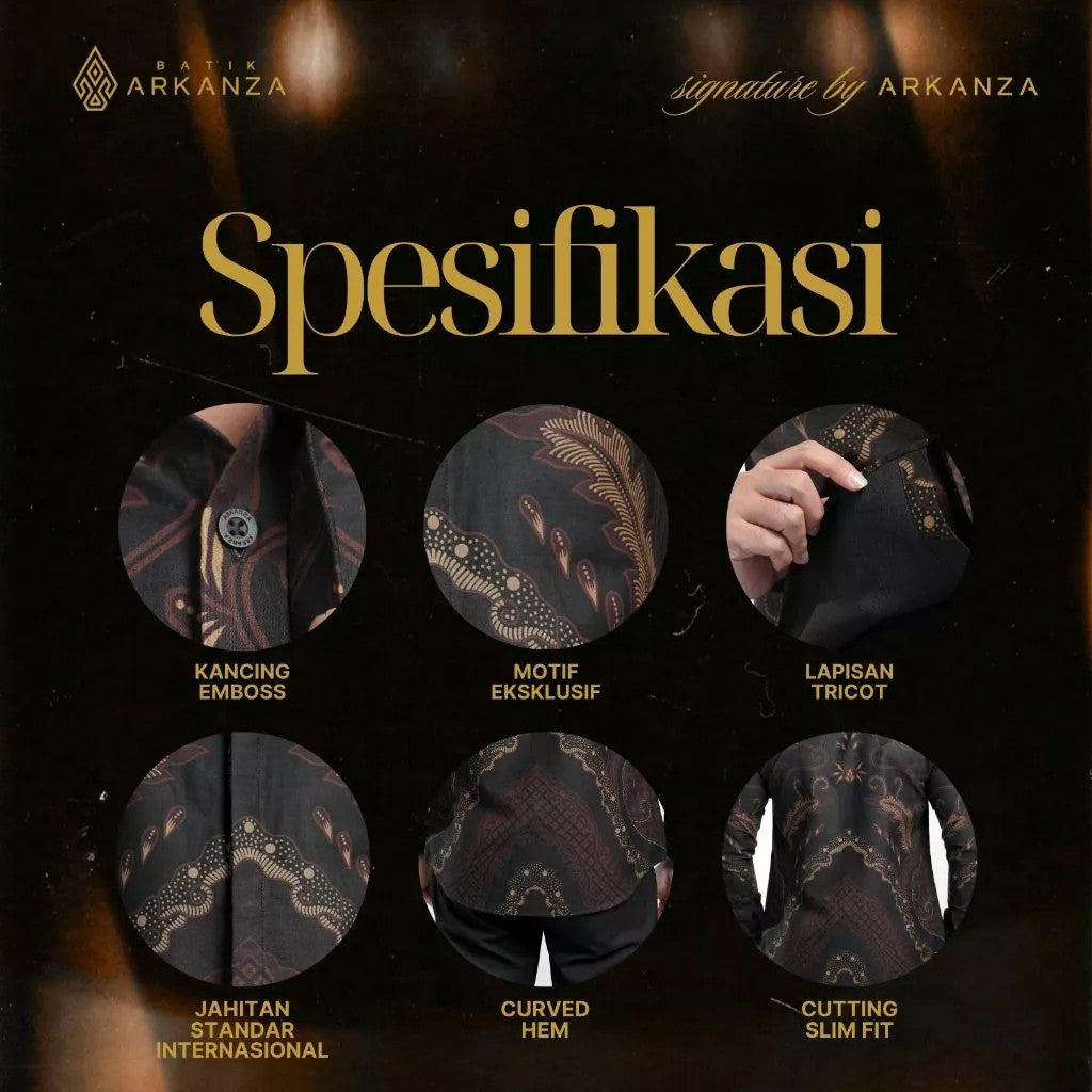 Arkanza Signature Motif  Prameswara Navy Kemeja Batik Pria Lengan Panjang Eksklusif Curved Hem Jahitan Presisi Hidden & Emboss Button Lapisan Tricot Breathable